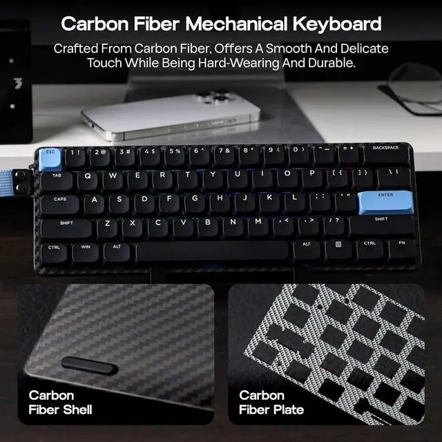 Alt view image 4 of 7 - EPOMAKER Carbon60 QMK/VIA Wireless Mechanical Keyboard, 60% Compact Layout, Tri-Mode Bluetooth/2.4GHz/USB-C, Carbon Fiber Design, Hot Swappable (Gateron Low-Profile Red Switch)