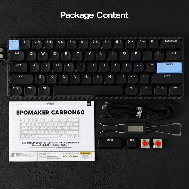Alt view image 7 of 7 - EPOMAKER Carbon60 QMK/VIA Wireless Mechanical Keyboard, 60% Compact Layout, Tri-Mode Bluetooth/2.4GHz/USB-C, Carbon Fiber Design, Hot Swappable (Gateron Low-Profile Red Switch)