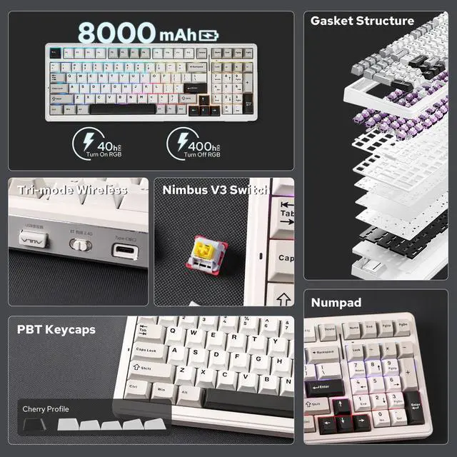 Alt view image 2 of 7 - EPOMAKER x Aula F99 Wireless Mechanical Keyboard, Hot Swappable Gasket Custom Gaming Keyboard with Five-Layer Padding, Bluetooth/2.4GHz/USB-C, 8000mAh Battery (White Grey, Nimbus V3 Switch)