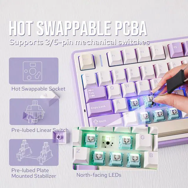 Alt view image 4 of 7 - EPOMAKER x Aula F75 Gasket Mechanical Keyboard, 75% Wireless Hot Swappable Gaming Keyboard with Five-Layer Padding&Knob, Bluetooth/2.4GHz/USB-C, RGB (Purple, LEOBOG Reaper Switch)