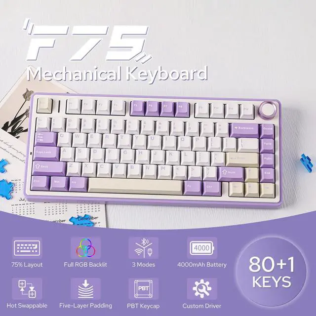 Alt view image 2 of 7 - EPOMAKER x Aula F75 Gasket Mechanical Keyboard, 75% Wireless Hot Swappable Gaming Keyboard with Five-Layer Padding&Knob, Bluetooth/2.4GHz/USB-C, RGB (Purple, LEOBOG Reaper Switch)