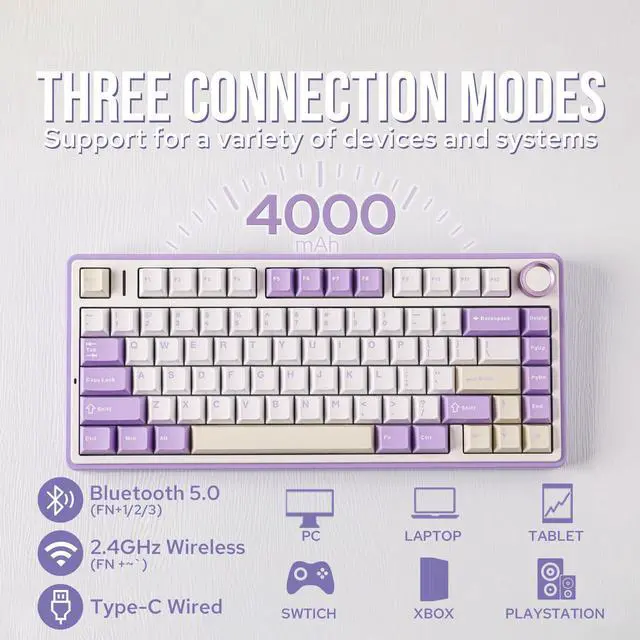 Alt view image 3 of 7 - EPOMAKER x Aula F75 Gasket Mechanical Keyboard, 75% Wireless Hot Swappable Gaming Keyboard with Five-Layer Padding&Knob, Bluetooth/2.4GHz/USB-C, RGB (Purple, LEOBOG Reaper Switch)