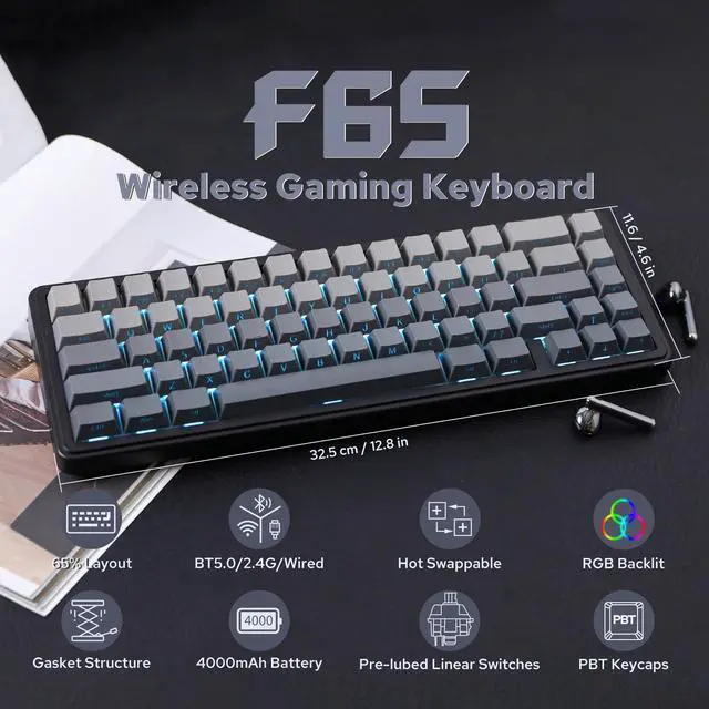 Alt view image 2 of 7 - EPOMAKER x Aula F65 65% Wireless Mechanical Keyboard, Hot Swappable Gasket Custom Gaming Keyboard with Five-Layer Padding, RGB Backlit, Bluetooth/2.4GHz/USB-C (Black, Graywood V3 Switch)