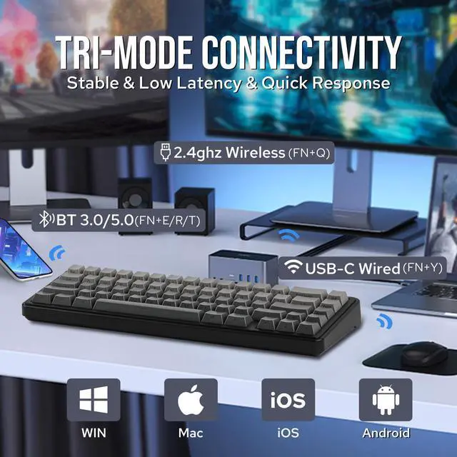 Alt view image 3 of 7 - EPOMAKER x Aula F65 65% Wireless Mechanical Keyboard, Hot Swappable Gasket Custom Gaming Keyboard with Five-Layer Padding, RGB Backlit, Bluetooth/2.4GHz/USB-C (Black, Graywood V3 Switch)