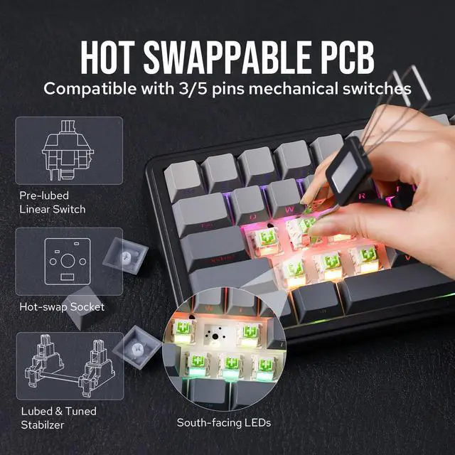 Alt view image 6 of 7 - EPOMAKER x Aula F65 65% Wireless Mechanical Keyboard, Hot Swappable Gasket Custom Gaming Keyboard with Five-Layer Padding, RGB Backlit, Bluetooth/2.4GHz/USB-C (Black, Graywood V3 Switch)