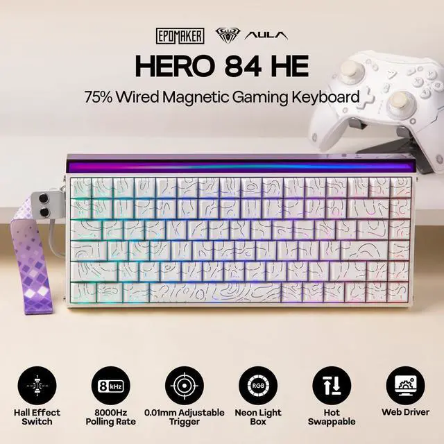 Alt view image 2 of 7 - EPOMAKER Aula Hero84 HE Wired Hall Effect Keyboard with RGB Lightbox, 0.01mm Adjustable Actuation, 8KHz Polling, 0.125ms Latency, Snap Key, SOCD, Magnetic Gaming Keyboard (White Topographic)