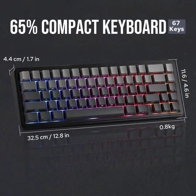 Alt view image 7 of 7 - EPOMAKER x Aula F65 65% Wireless Mechanical Keyboard, Hot Swappable Gasket Custom Gaming Keyboard with Five-Layer Padding, RGB Backlit, Bluetooth/2.4GHz/USB-C (Black, Graywood V3 Switch)