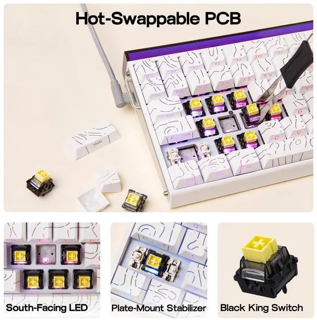 Alt view image 7 of 7 - EPOMAKER Aula Hero84 HE Wired Hall Effect Keyboard with RGB Lightbox, 0.01mm Adjustable Actuation, 8KHz Polling, 0.125ms Latency, Snap Key, SOCD, Magnetic Gaming Keyboard (White Topographic)