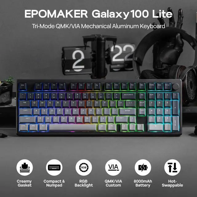 Alt view image 2 of 7 - EPOMAKER Galaxy100 Lite QMK/VIA Gaming Keyboard with 8000mAh Battery and Numpad, 1800 Aluminum Mechanical Keyboard, USB-C/BT/2.4Ghz, Hot-Swap, Creamy Sound (Black, Marble White Switch)