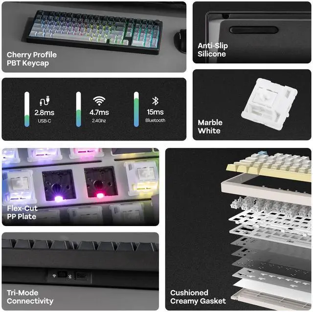 Alt view image 3 of 7 - EPOMAKER Galaxy100 Lite QMK/VIA Gaming Keyboard with 8000mAh Battery and Numpad, 1800 Aluminum Mechanical Keyboard, USB-C/BT/2.4Ghz, Hot-Swap, Creamy Sound (Black, Marble White Switch)