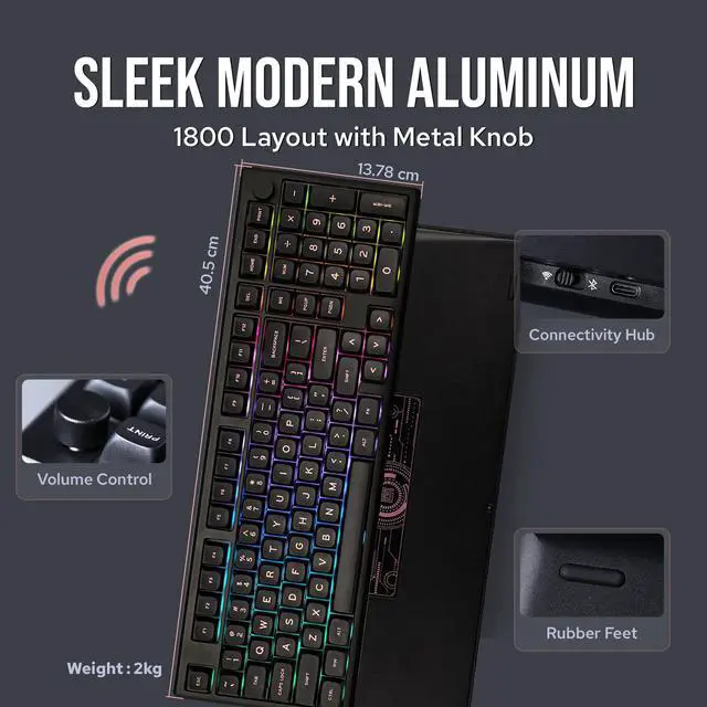 Alt view image 3 of 7 - EPOMAKER Galaxy100 QMK/VIA Wireless Gaming Keyboard, Aluminum Shell, Bluetooth/2.4Ghz/USB-C, Pre-Lubed Hot-Swappable Linear Switches, NKRO, RGB Backlit (Black, Marble White Switch)