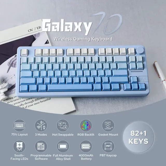 Alt view image 2 of 7 - EPOMAKER Galaxy70 Wireless Gaming Keyboard, 75% Aluminium Mechanical Keyboard, Bluetooth 5.0/2.4GHz/USB-C Wired, Programmable, Hot Swappable, for PC/Mac/Office/Gaming (Blue, Petal Switch)