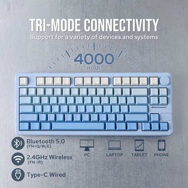 Alt view image 3 of 7 - EPOMAKER Galaxy70 Wireless Gaming Keyboard, 75% Aluminium Mechanical Keyboard, Bluetooth 5.0/2.4GHz/USB-C Wired, Programmable, Hot Swappable, for PC/Mac/Office/Gaming (Blue, Petal Switch)