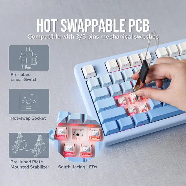 Alt view image 5 of 7 - EPOMAKER Galaxy70 Wireless Gaming Keyboard, 75% Aluminium Mechanical Keyboard, Bluetooth 5.0/2.4GHz/USB-C Wired, Programmable, Hot Swappable, for PC/Mac/Office/Gaming (Blue, Petal Switch)