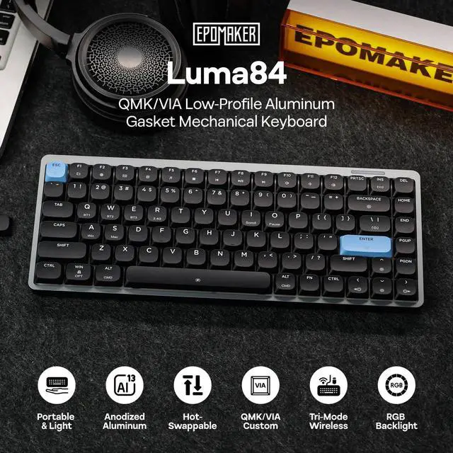 Alt view image 2 of 7 - EPOMAKER Luma84 Low Profile Aluminum Mechanical Keyboard, QMK/VIA Programmable, Tri-Mode Wireless, Win/MAC/Linux Compatible, RGB Backlight (Black&Blue, Gateron Low-Profile Brown Switch)