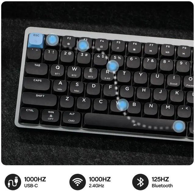 Alt view image 4 of 7 - EPOMAKER Luma84 Low Profile Aluminum Mechanical Keyboard, QMK/VIA Programmable, Tri-Mode Wireless, Win/MAC/Linux Compatible, RGB Backlight (Black&Blue, Gateron Low-Profile Brown Switch)