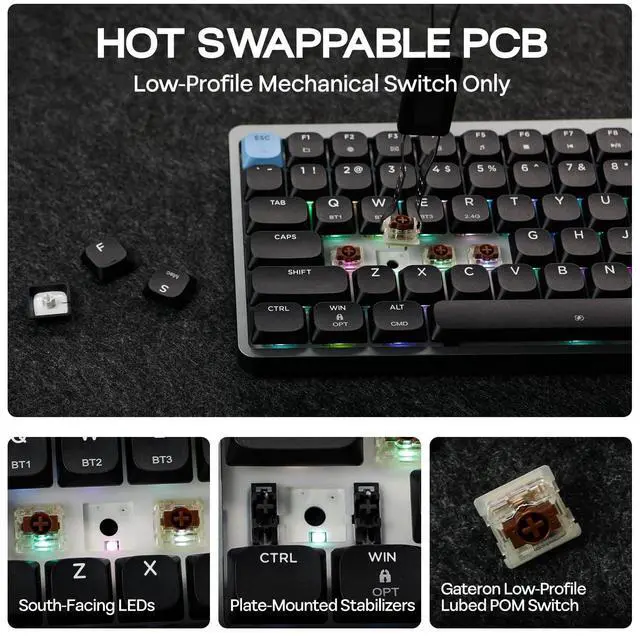 Alt view image 5 of 7 - EPOMAKER Luma84 Low Profile Aluminum Mechanical Keyboard, QMK/VIA Programmable, Tri-Mode Wireless, Win/MAC/Linux Compatible, RGB Backlight (Black&Blue, Gateron Low-Profile Brown Switch)