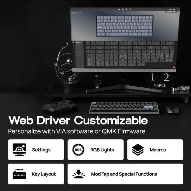 Alt view image 6 of 7 - EPOMAKER Luma84 Low Profile Aluminum Mechanical Keyboard, QMK/VIA Programmable, Tri-Mode Wireless, Win/MAC/Linux Compatible, RGB Backlight (Black&Blue, Gateron Low-Profile Brown Switch)