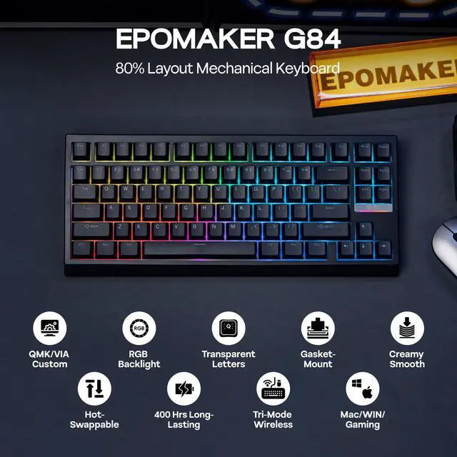Alt view image 2 of 7 - EPOMAKER G84 80% RGB Gaming Mechanical Keyboard, 2.4GHz/ Type-C/BT Wireless Keyboard, QMK/VIA Programmable, Hot-Swappable, NKRO, with Shine Through PBT Keycaps for Gamers (Black, Clear Switch)