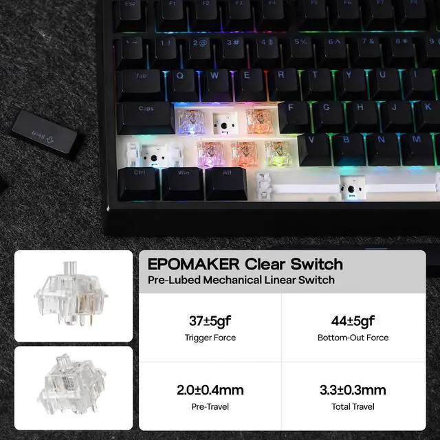 Alt view image 7 of 7 - EPOMAKER G84 80% RGB Gaming Mechanical Keyboard, 2.4GHz/ Type-C/BT Wireless Keyboard, QMK/VIA Programmable, Hot-Swappable, NKRO, with Shine Through PBT Keycaps for Gamers (Black, Clear Switch)