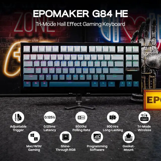 Alt view image 2 of 7 - EPOMAKER G84 HE Wireless Hall Effect Keyboard, 8K Polling & 8000mAh, SOCD & DKS, Gaming Keyboard with Fast Trigger & Adjustable Actuation, RGB Backlit, PBT Keycap, Hot-Swap, for Win/Mac