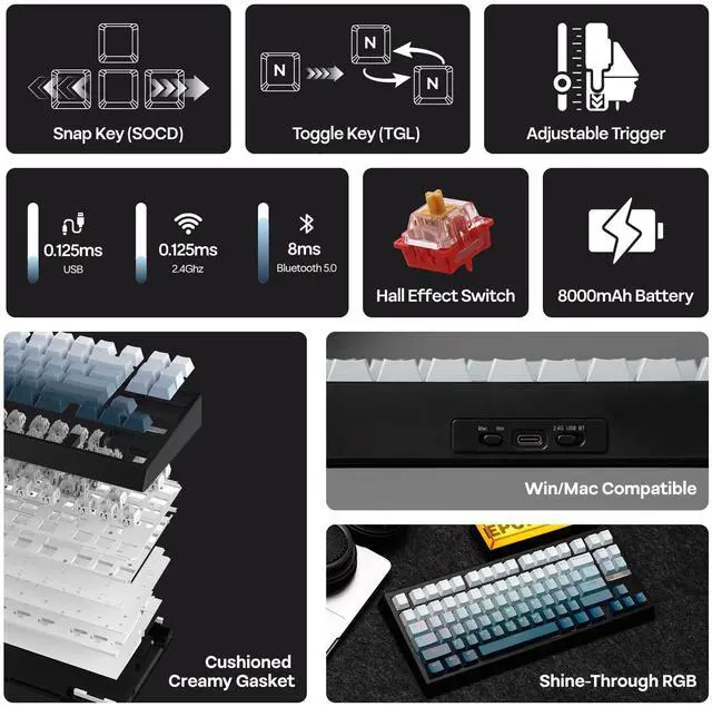Alt view image 3 of 7 - EPOMAKER G84 HE Wireless Hall Effect Keyboard, 8K Polling & 8000mAh, SOCD & DKS, Gaming Keyboard with Fast Trigger & Adjustable Actuation, RGB Backlit, PBT Keycap, Hot-Swap, for Win/Mac