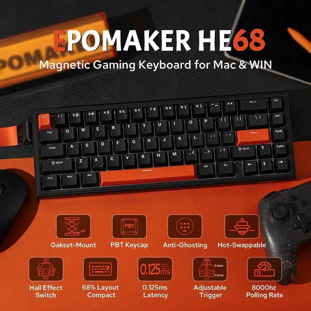 Alt view image 2 of 7 - EPOMAKER HE68 Wired Hall Effect Keyboard, 8000hz Polling, 0.01mm Adjustable Trigger, 0.125ms Latency, Creamy Gasket, Snap Key, SOCD, RGB, Magnetic Gaming Keyboard for Mac/PC (Black)