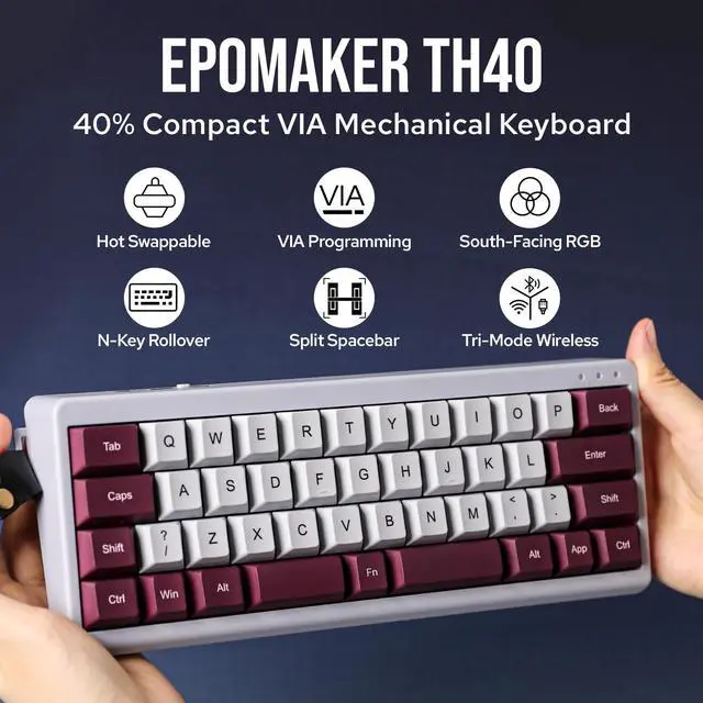 Alt view image 2 of 7 - EPOMAKER TH40 40% Layout QMK/VIA Wireless Mechanical Keyboard, Hot Swappable, Bluetooth/2.4GHz/USB-C, 44 Keys Gasket Mount, RGB Backlit (Purple, Wisteria Linear Switch)