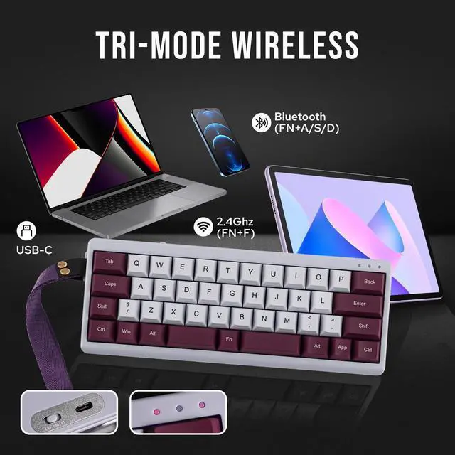Alt view image 4 of 7 - EPOMAKER TH40 40% Layout QMK/VIA Wireless Mechanical Keyboard, Hot Swappable, Bluetooth/2.4GHz/USB-C, 44 Keys Gasket Mount, RGB Backlit (Purple, Wisteria Linear Switch)