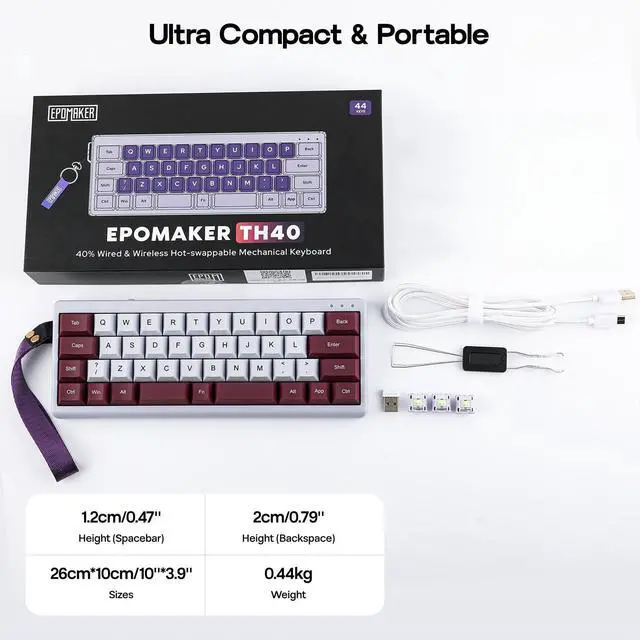 Alt view image 5 of 7 - EPOMAKER TH40 40% Layout QMK/VIA Wireless Mechanical Keyboard, Hot Swappable, Bluetooth/2.4GHz/USB-C, 44 Keys Gasket Mount, RGB Backlit (Purple, Wisteria Linear Switch)