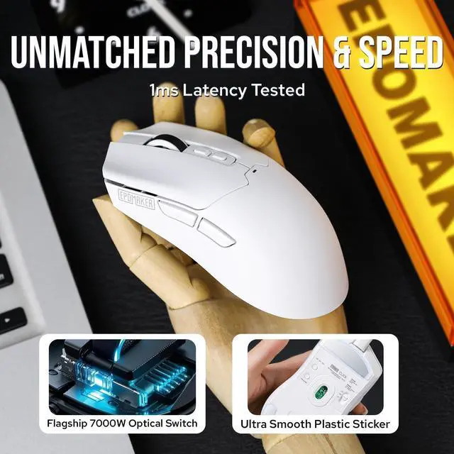 Alt view image 4 of 7 - EPOMAKER Click Gaming Mouse Wireless 2.4Ghz/Bluetooth/Type-C, 800 to 42,000 DPI Adjustable, 8K Polling Rate, 500mAh, Lightweight Optical Mouse, for PC/Mac/Linux (White)