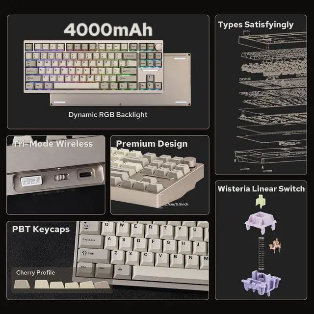 Alt view image 6 of 7 - EPOMAKER P87 TKL Aluminum Wireless Gaming Keyboard, QMK/VIA Programmable, 87% Bluetooth/2.4Ghz/USB-C, with CNC Metal Knob and RGB Backlight (Khaki, Wisteria Linear Switch)