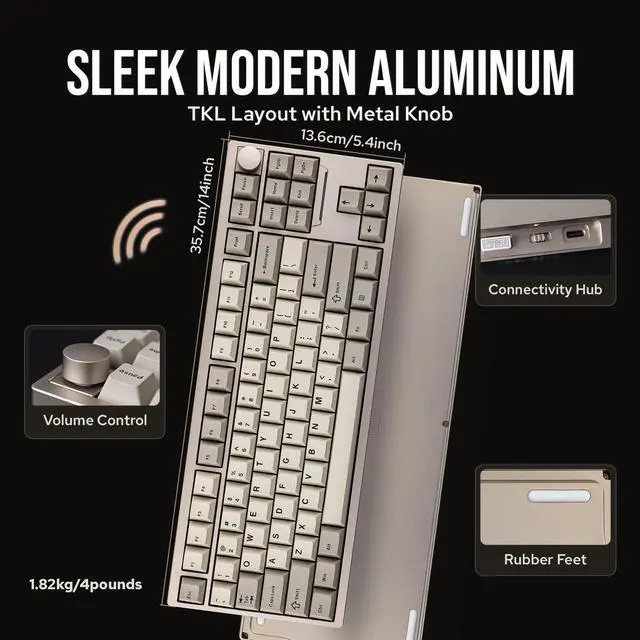 Alt view image 2 of 7 - EPOMAKER P87 TKL Aluminum Wireless Gaming Keyboard, QMK/VIA Programmable, 87% Bluetooth/2.4Ghz/USB-C, with CNC Metal Knob and RGB Backlight (Khaki, Wisteria Linear Switch)