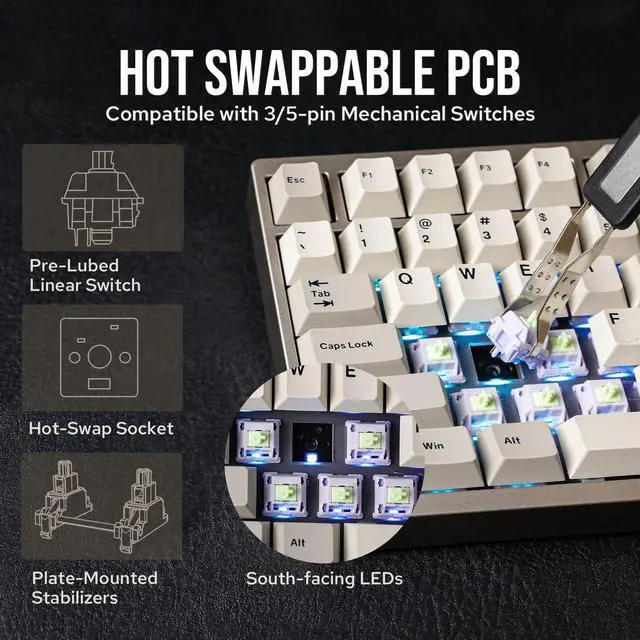 Alt view image 7 of 7 - EPOMAKER P87 TKL Aluminum Wireless Gaming Keyboard, QMK/VIA Programmable, 87% Bluetooth/2.4Ghz/USB-C, with CNC Metal Knob and RGB Backlight (Khaki, Wisteria Linear Switch)