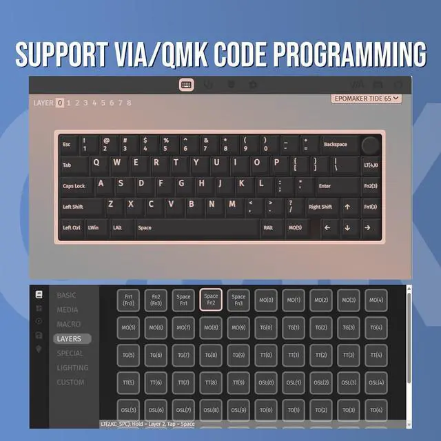 Alt view image 5 of 7 - EPOMAKER Tide65 Upgraded QMK/VIA Wireless Gaming Keyboard, 65% Aluminum Mechanical Keyboard, Programmable Creamy Keyboard with FR4 Plate, Bluetooth/2.4Ghz/USB-C, RGB Backlit (Blue)