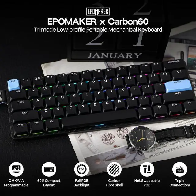 Alt view image 2 of 7 - EPOMAKER Carbon60 QMK/VIA Wireless Mechanical Keyboard, 60% Compact Layout, Tri-Mode Bluetooth/2.4GHz/USB-C, Carbon Fiber Design, Hot Swappable (Gateron Low-Profile Brown Switch)