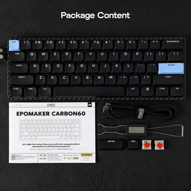 Alt view image 7 of 7 - EPOMAKER Carbon60 QMK/VIA Wireless Mechanical Keyboard, 60% Compact Layout, Tri-Mode Bluetooth/2.4GHz/USB-C, Carbon Fiber Design, Hot Swappable (Gateron Low-Profile Brown Switch)
