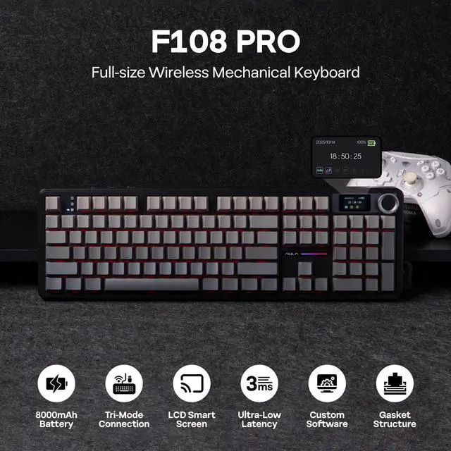 Alt view image 2 of 7 - EPOMAKER X Aula F108 PRO Wireless Gaming Keyboard with Screen, 8000mAh Battery, 104 Hot-Swappable and Programmable Keys and Knob, RGB Backlight, for Mac/PC/Android (Black Gradient)