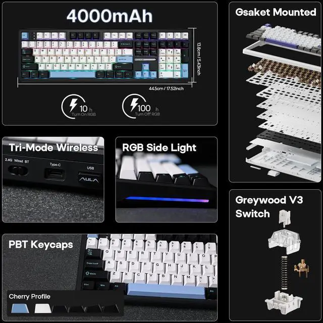 Alt view image 2 of 7 - EPOMAKER Aula F108 Wireless Gaming Keyboard, Full Size Mechanical Keyboard with 4000mAh Battery, 108 Hot-Swappable and Programmable Keys, RGB Backlight, for Mac/PC/Android (Blue&White&Black)