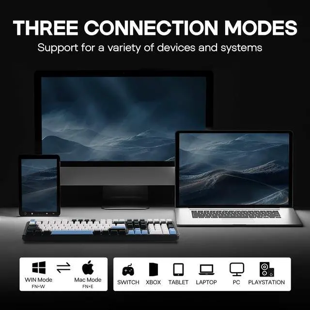 Alt view image 3 of 7 - EPOMAKER Aula F108 Wireless Gaming Keyboard, Full Size Mechanical Keyboard with 4000mAh Battery, 108 Hot-Swappable and Programmable Keys, RGB Backlight, for Mac/PC/Android (Blue&White&Black)