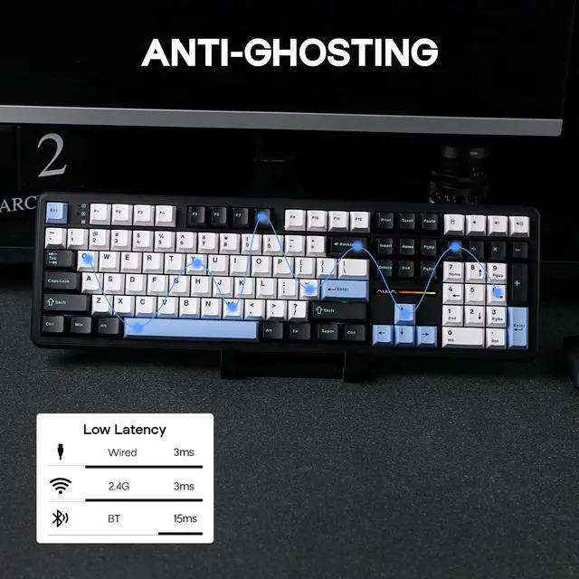 Alt view image 4 of 7 - EPOMAKER Aula F108 Wireless Gaming Keyboard, Full Size Mechanical Keyboard with 4000mAh Battery, 108 Hot-Swappable and Programmable Keys, RGB Backlight, for Mac/PC/Android (Blue&White&Black)