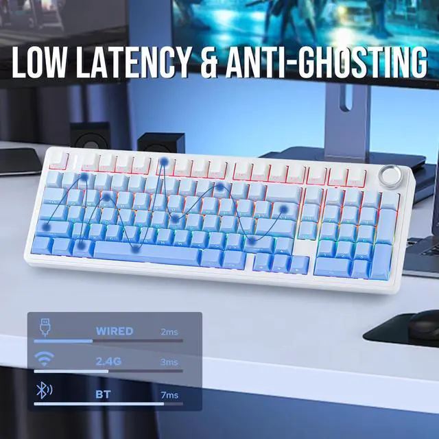 Alt view image 4 of 7 - EPOMAKER X Aula F99 PRO Wireless Gaming Keyboard with 8000mAh Battery, Hot Swappable Creamy Keyboard, 2.4GHz/Type-C/BT5.0, NKRO, RGB Backlit for Win/Mac/Gaming (Blue Gradient)