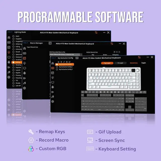 Alt view image 7 of 7 - EPOMAKER X Aula F75 MAX Wireless Mechanical Keyboard with TFT Screen and Knob, Gasket Gaming Keyboard in 75% Layout, Hot Swappable, RGB Backlight, for PC/Mac/Linux (Blue&White&Purple)