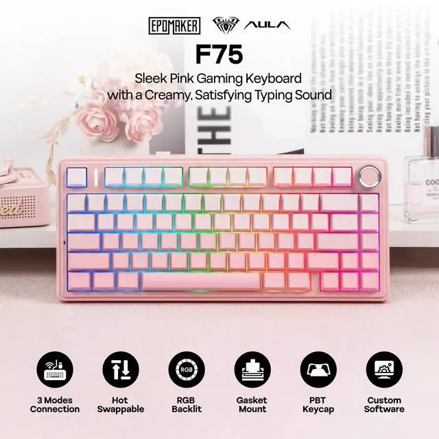 Alt view image 2 of 7 - EPOMAKER X Aula F75 75% Wireless Gaming Keyboard, Bluetooth/2.4GHz/USB-C, Hot Swappable Creamy Mechanical Keyboard with 5-Layer Padding&Knob, NKRO, RGB (Pink)