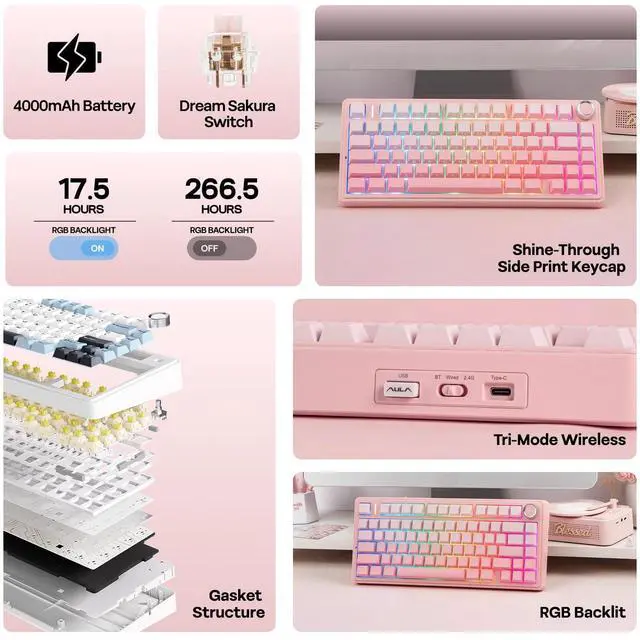 Alt view image 3 of 7 - EPOMAKER X Aula F75 75% Wireless Gaming Keyboard, Bluetooth/2.4GHz/USB-C, Hot Swappable Creamy Mechanical Keyboard with 5-Layer Padding&Knob, NKRO, RGB (Pink)