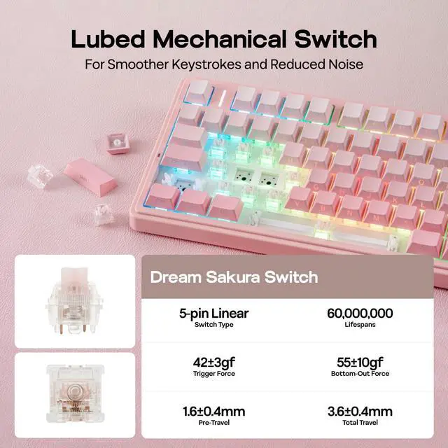 Alt view image 4 of 7 - EPOMAKER X Aula F75 75% Wireless Gaming Keyboard, Bluetooth/2.4GHz/USB-C, Hot Swappable Creamy Mechanical Keyboard with 5-Layer Padding&Knob, NKRO, RGB (Pink)