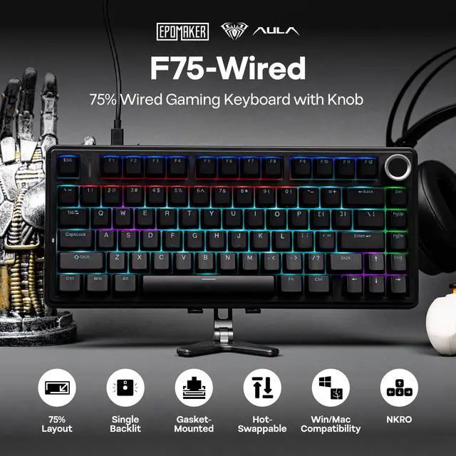 Alt view image 2 of 7 - EPOMAKER Aula F75-Wired 75% Gaming Keyboard with Knob, Shine Through ABS Keycap, Gasket Structure, Programmable, Hot Swappable Creamy Mechanical Keyboard for Games/Office (Black)