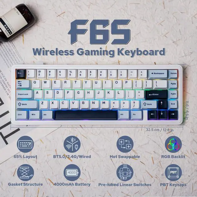 Alt view image 2 of 6 - EPOMAKER x Aula F65 65% Wireless Mechanical Keyboard, Hot Swappable Gasket Custom Gaming Keyboard with Five-Layer Padding, RGB Backlit, Bluetooth/2.4GHz/USB-C (Light Blue, Graywood V3 Switch)