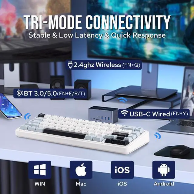 Alt view image 3 of 6 - EPOMAKER x Aula F65 65% Wireless Mechanical Keyboard, Hot Swappable Gasket Custom Gaming Keyboard with Five-Layer Padding, RGB Backlit, Bluetooth/2.4GHz/USB-C (Light Blue, Graywood V3 Switch)