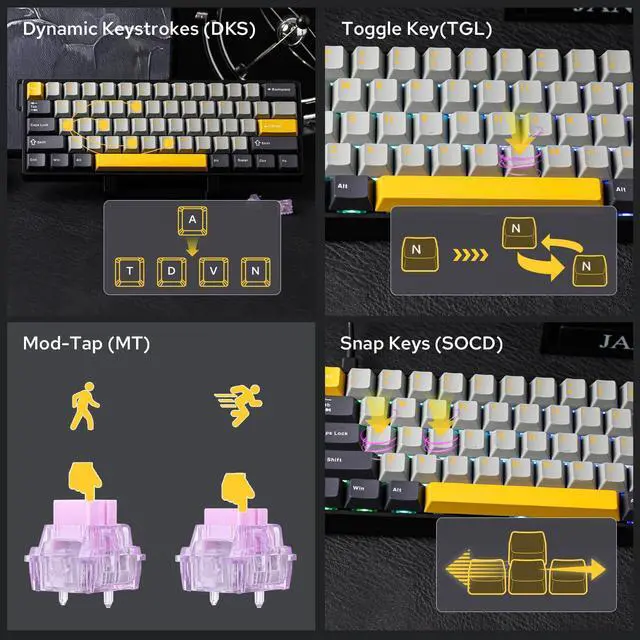 Alt view image 3 of 7 - EPOMAKER Aula WIN60 HE 60% Wired Magnetic Keyboard with Adjustable Actuation, 8000 Hz Polling Rate, Hall Effect Switches, Hot-Swap, for FPS Games (Grey&Yellow)